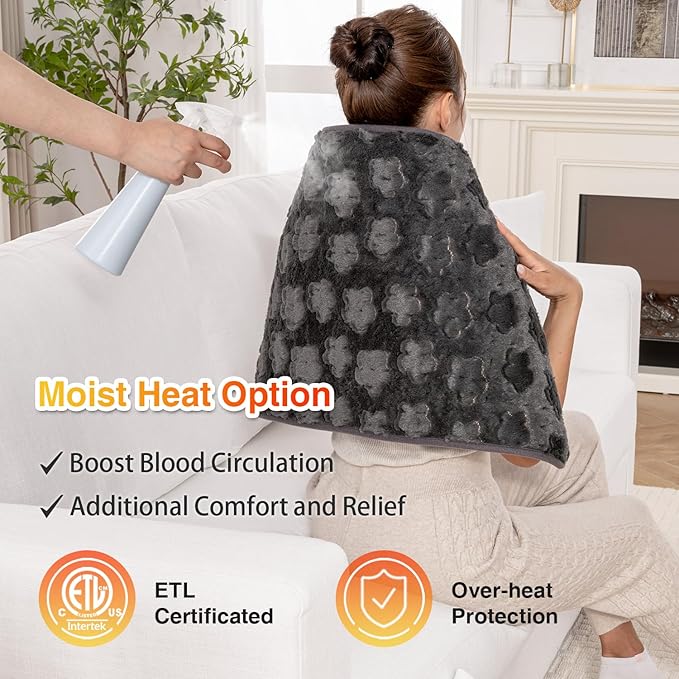 Woomer Faux Fur Electric Heating Pad for Back Pain Relief, Extra Large 17” x 33”, Extended Coverage from Neck to Hip, Two-Sided, Moist Mode, ETL Certified, 6 Adjustable Heats & 2H Auto-Off,Grey
