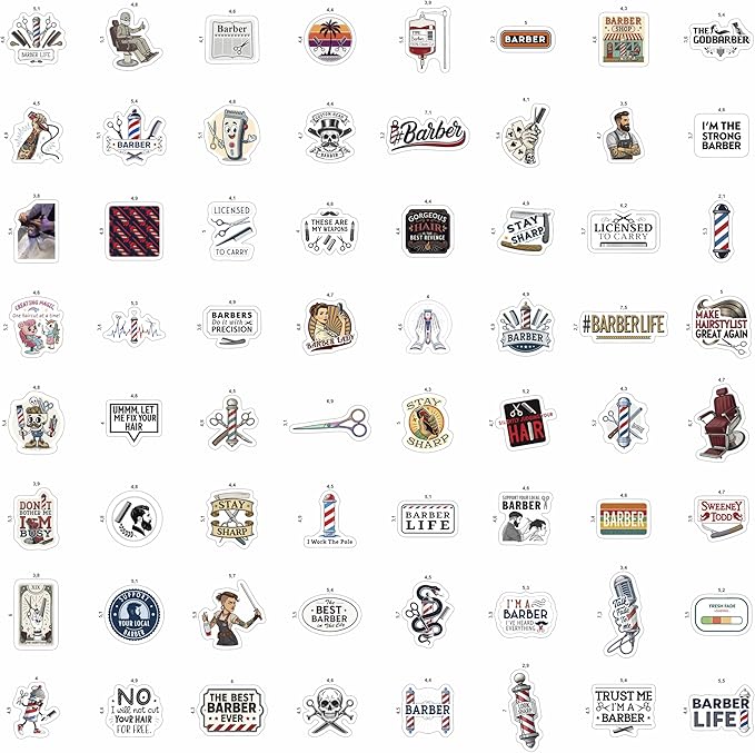 100Pcs Barber Stickers and Decals for Water Bottle, Laptop - Barbershop Stickers - Barber Gifts for Men, Party Supplies - Gift for Women & Men