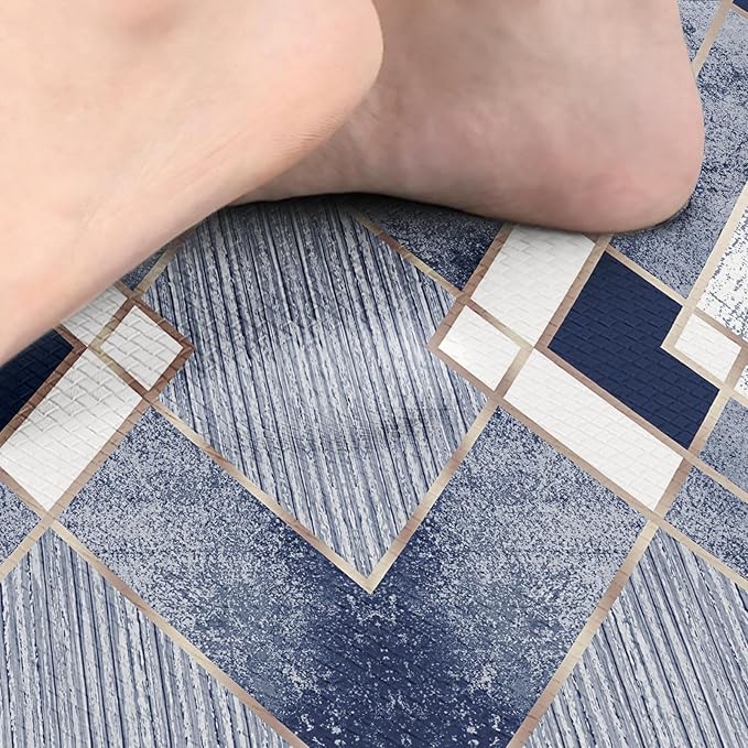 Arttown Blue Anti-Fatigue Kitchen Rug Set of 2 Navy Grey Geometric Gold Line Vintage Cushioned Floor Standing Mat Waterproof Non-Slip Kitchen Mat and PVC Ergonomic Comfort Foam Rug