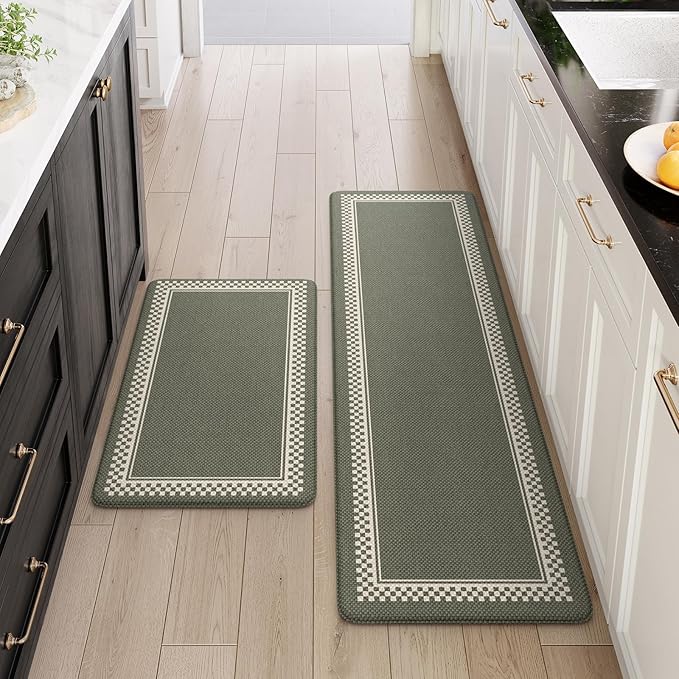 Kitchen Floor Mats Cushioned Anti Fatigue,Waterproof Kitchen Mats for Floor 2 Piece,Memory Foam Kitchen Mat,Comfort Kitchen Sink Rug for Bathroom Laundry Office,Green