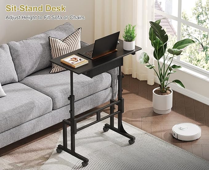 Adjustable Height Standing Desk With Drawer, Rolling Sit Stand Up Desk With Wheels, Small Sit To Stand Computer Desk, Adjustable Desktop Height, On Wheels, Black, For Walking Pad Laptop Treadmill
