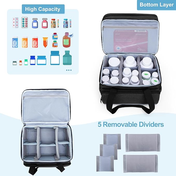 CURMIO Double Layers Pill Bottle Organizer Bag Empty, Medicine Organizer Storage Case with Lockable Zippers, Medication Travel Bag for Prescription Bottles, Medical Supplies, Black (Patent Design)
