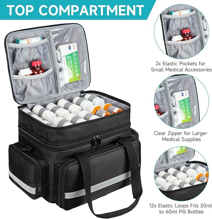 Large Pill Bottle Organizer, Double Layers Medicine Storage Bag with Lockable Zippers and Shoulder Strap,Medication Travel Bag for Prescription Bottles, Vitamins & Medical Supplies, Black (Bag Only)