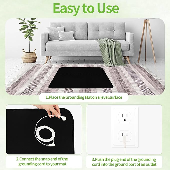 Grounding Mat, Earthing Mat for Sleep, Pain Relief, Inflammation, Balanced Energy, Wellness. Earth Connected Therapy. Non-Slip Grounding Pad for Bed Desk Home Office, Includes 15ft Cord (24"x16")
