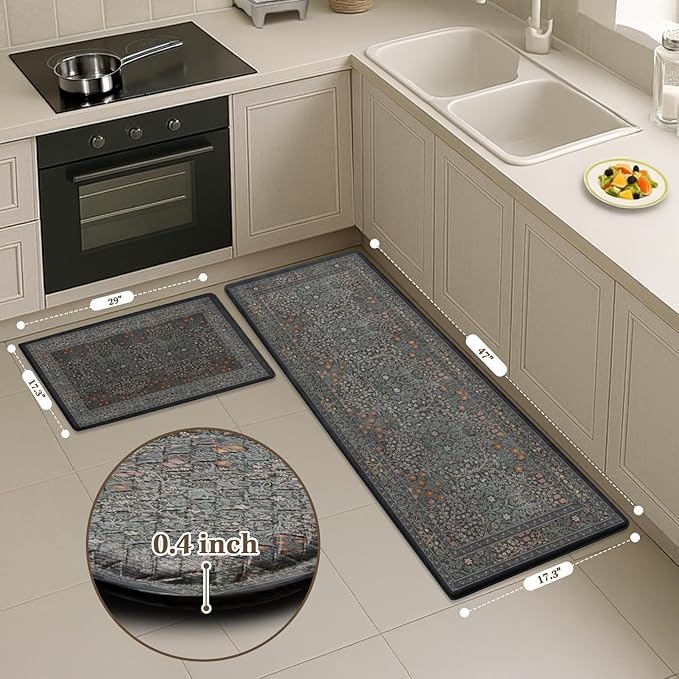 Arttown Kitchen Mats for Floor 2Pcs-Anti Fatigue Non Slip Mats for Kitchen Floor, Cushioned Waterproof & Stain-Resistant Plant Floral Mat Set, Laundry Room, Office, Sink, Desk (Dark Black)