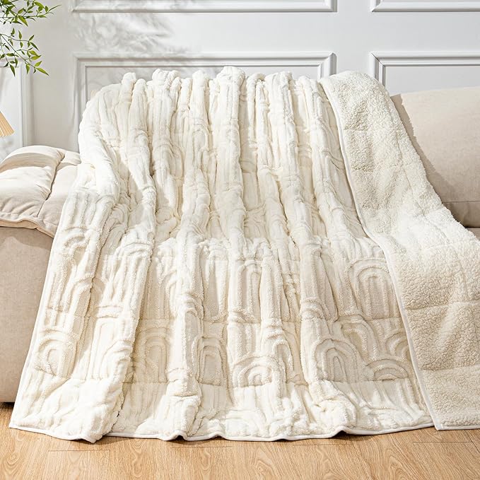 Cottonblue Jacquard Weighted Blanket for Adults 15 lbs Twin Size, Soft Fluffy Sherpa Fleece Weighted Throw Blankets 60" x 80" for Sleep Relax, Fuzzy Warm Arch Heavy Blanket for Bed Couch, Cream White