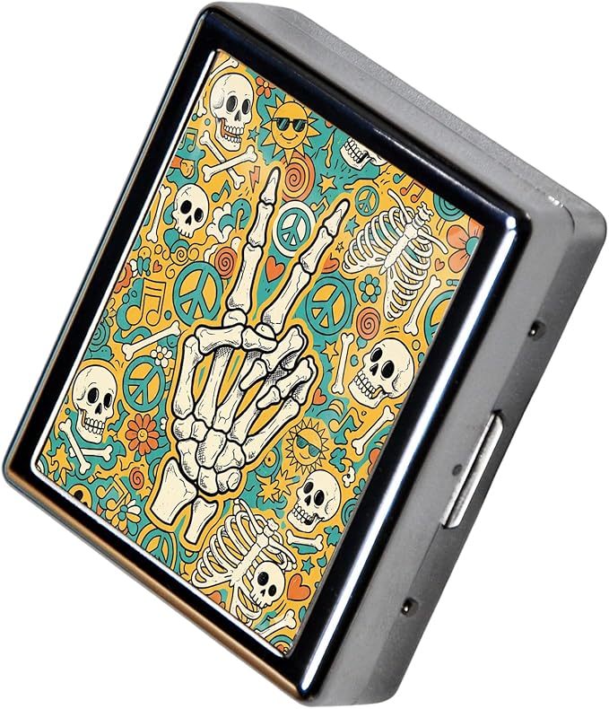 Metal 7 Day Pill Organizer, Weekly Pill Case with 8 Compartments, Travel Pill Box for Purse & Pocket, Small Medicine & Vitamin Organizer with PP Dividers (Peace Skeleton)