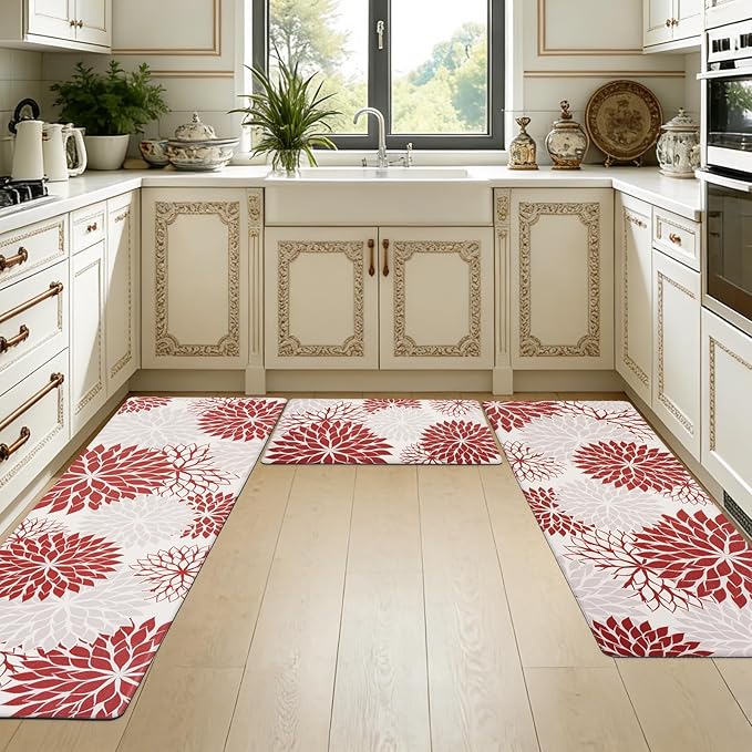 PVC Anti-Fatigue Kitchen Mats Set of 3, Non-Slip Kitchen Rugs, Comfort Standing Runner Rug, Multipurpose Indoor Mats for Laundry, Office, Bedroom, Sink, Bathroom, red