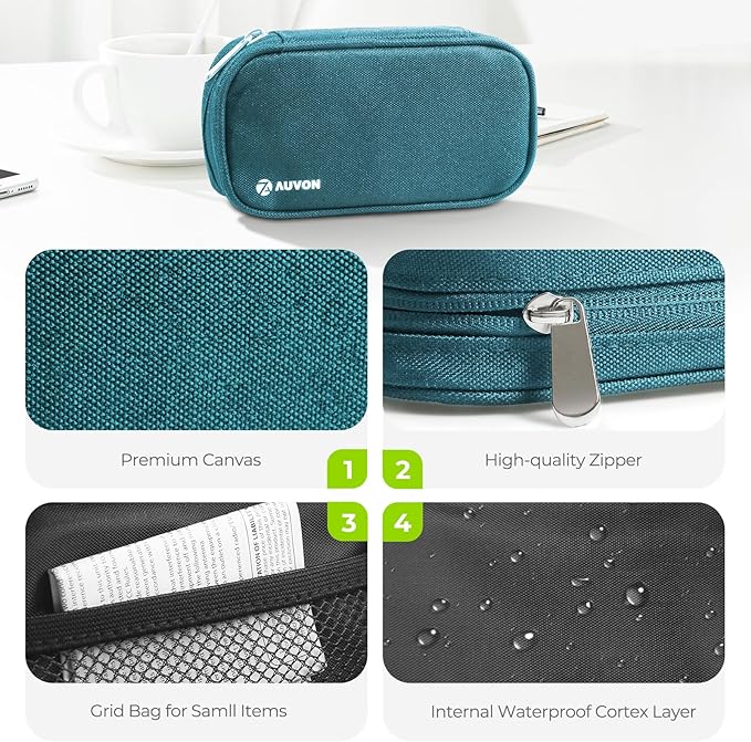 AUVON Canvas Bag Travel Pill Organizer 2 Times a Day, Large AM/PM Weekly Pill Box 7 Day Pill Case with Portable Cyan Zipper Cloth Bag for Holding Supplements, Vitamins and Fish Oils