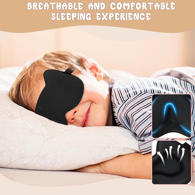 Kids Sleep Mask Eye Mask: 3D Contoured Cup Sleeping Masks, Blindfold with Adjustable Strap, Kids Eye Cover for Boys, Girls, Teens, Pressure-Free with Memory Foam Face Mask for Sleeping (Black)