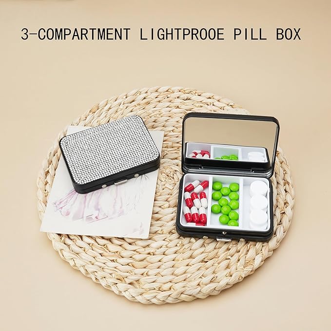 2Pcs Bling Small Pill Case with Mirror 3 Compartment Metal Pill Box for Purse and Pocket,Portable for Daily Vitamins and Medication(Black)