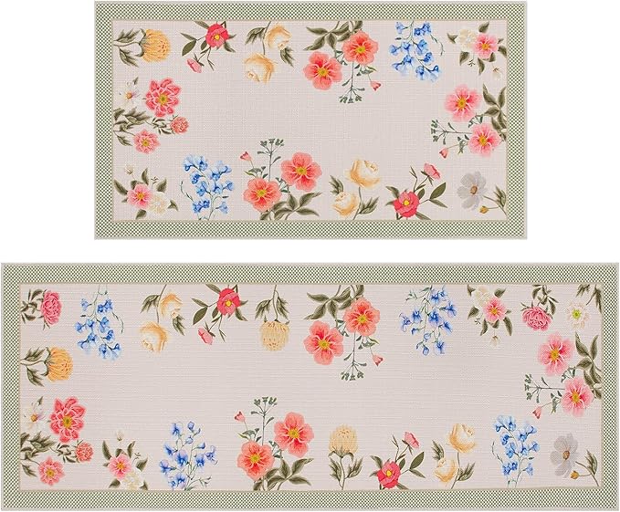 Pink Floral Kitchen Mats Set of 2, Boho Flower Kitchen Rugs Non-Slip Washable, Spring Home Decor Low-Profile Kitchen Mat for Floor Sink Laundry 17x30 and 17x47 Inch
