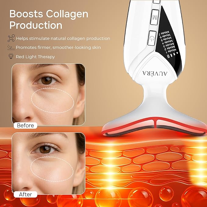 AUVERA 7-in-1 Face & Neck Beauty Massager with Light Therapy, Heat and Smart Vibration for Wrinkles, Fine Lines & Skin Tone | Multi-Light Therapy for Lift, Radiance & Smooth Skin, Z1 - White