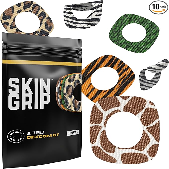 Skin Grip Adhesive Patches for Dexcom G7 & Stelo CGM with Cutout – Waterproof & Sweatproof Cover for Continuous Glucose Monitor Sensor, Stays Secure for 10-15 Days – 10 Patches, (Animal Prints)