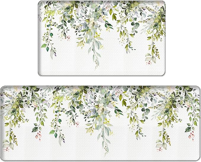 Bulijojo Green Eucalyptus Anti Fatigue Kitchen Floor Mats Set of 2 Waterproof Kitchen Sink Runner Rug Standing Mat Cushioned Kitchen Rugs Comfort Doormat 17"x47"+17" x30“
