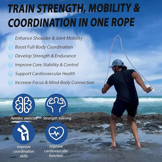 Flow Rope Weighted Fitness Jump Rope for Women Men Workout, Adjustable 1.44lb Heavy Rope for Adult Exercise, Mobility & Coordination Training at Home Gym & Outdoors