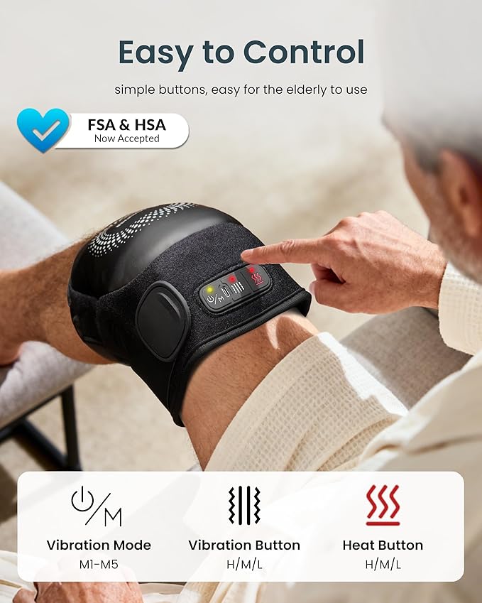 COMFIER FSA Cordless Knee Massager with Heat and Vibration for Pain Relief, HSA Eligible Items, Graphene Heating pad for Knee with 3 Heat Levels & 5 Massage Modes, Rechargeable Heated Knee Brace