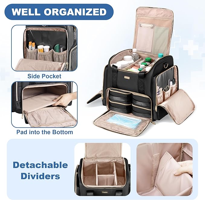 Rolling Medicine Bag for Travel, Large Pill Bottle Storage Bag on Wheels with 4 Cases and Detachable Trolley, Black