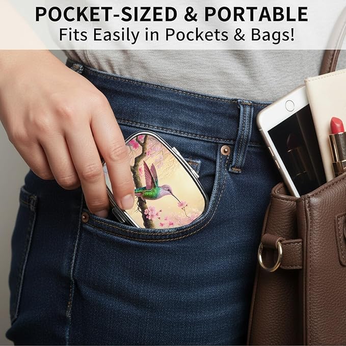 Square Pill Case Small Pill Box with Mirror Pocket 2 Compartment Vitamin Pill Medicine Case Organizer Pill Containers for Traveling Cherry Blossom Hummingbird
