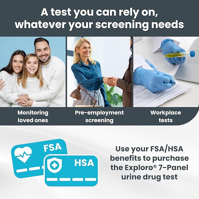 Exploro 7 Panel Drug Test Kit – at Home Urine Drug Test for THC, Cocaine, Opiates, Amphetamines, Benzodiazepines, MDMA & Methamphetamines – Easy & Accurate at Home Drug Testing Strips (Pack of 3)