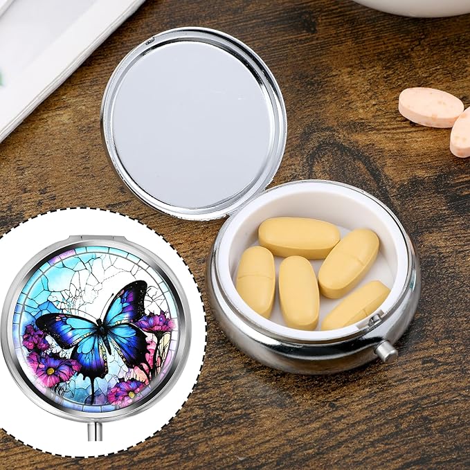 Sibba Portable Medicine Pill Case, Travel Multi-Functional Moisture Proof Pill Box for Purse & Pocket, Cute Metal Medicine Pill Organizer Box for Vitamins, Fish Oil & Supplements (Butterfly)