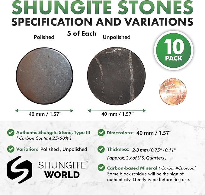 10 pcs Shungite Stickers Set Round 40 mm Polished and Unpolished (5 of Each) for Cell Phone Case Tablet Laptop Computer - Energy Shungite Stones Protection Plate with Carbon Fullerenes