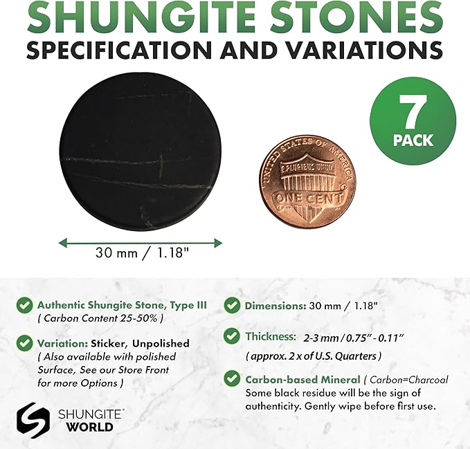 7 pcs Authentic Shungite Stickers Unpolished 30 mm / 1.18" Genuine Healing Energy Stone Protection Plate for Cell Phone Case Tablet Laptop Computer Noble Gemstone Protector Crystal