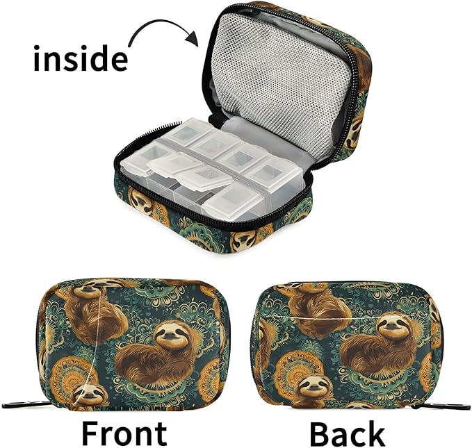 Fustylead Retro Cute Sloths on Green Mandala Background Travel Pill Organizer Case Zipper for Purse with Removable Weekly Pill Box for Medicine, Vitamin, Supplement Medicine Organizer