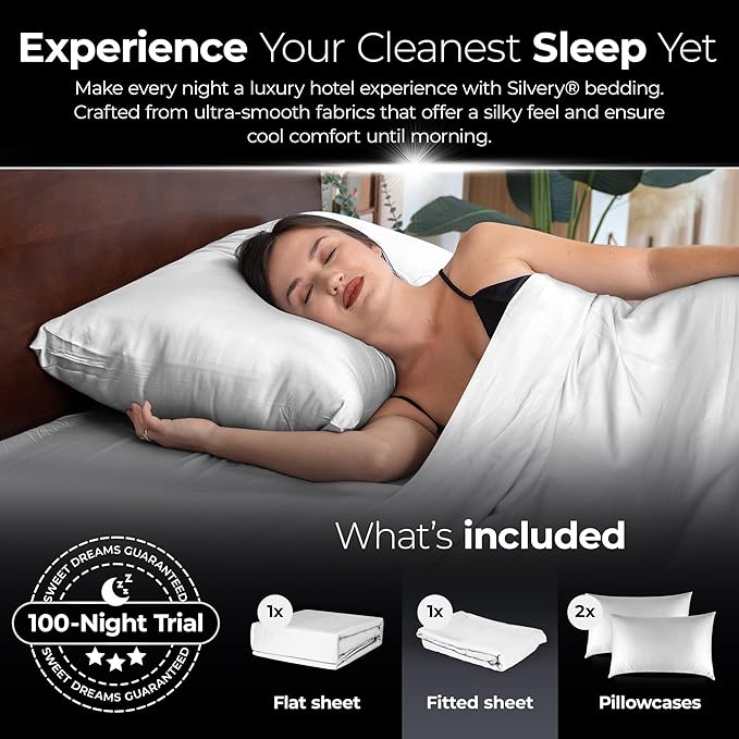 Silvery Silver Infused Bed Sheets Set - Award-Winning Self-Cooling Fabric with Self-Cleaning Silvery Technology™ That Stays Fresh 3X Longer for Hygienic Sleep (White, Queen)