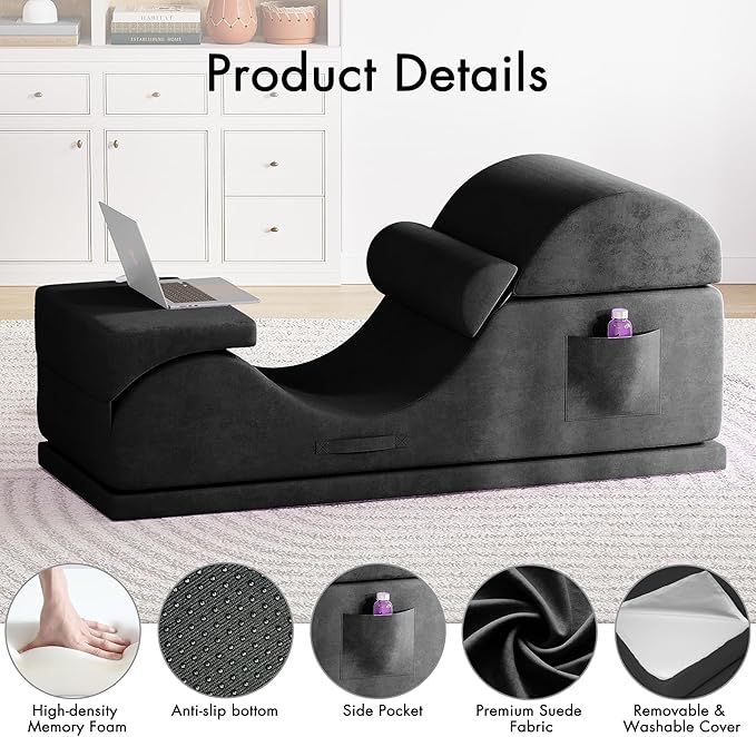 Convertible Yoga Chair for Adults, Ergonomic Foam Lounge with Lumbar Pillow, Washable Cover, Side Pocket, No Assembly Needed – Great for Exercise, Stretching & Relaxation Black