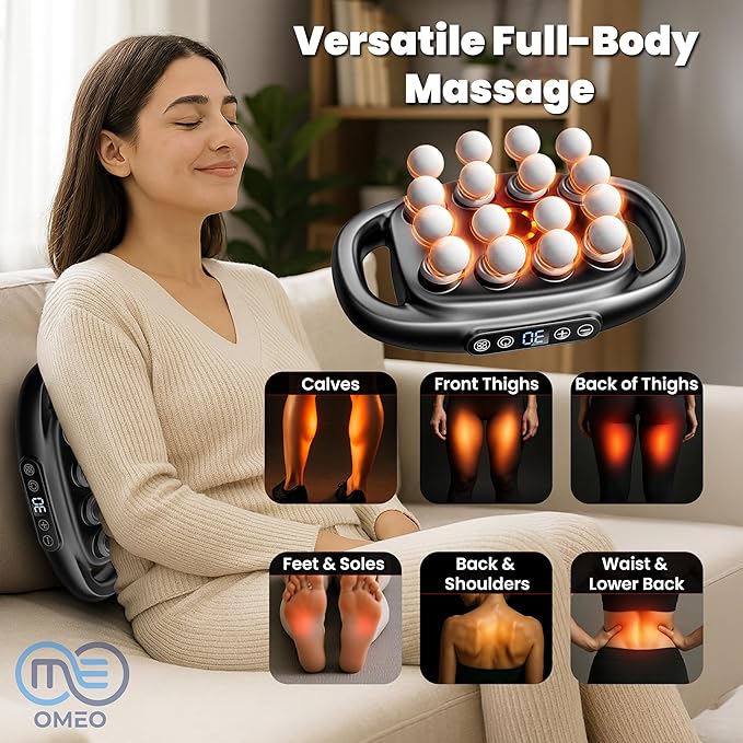 OMEO 16-Head Deep Tissue Massage Gun – Professional Percussion Massager with 30 Intensities & Quiet Motor | Portable Muscle Massager for Pain Relief, Neck, Back, Shoulders & Legs (Black)