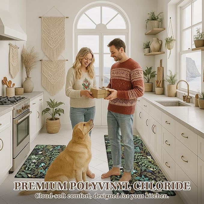 Arttown Kitchen Mats for Floor 2Pcs-Anti Fatigue Non Slip Mats for Kitchen Floor, Cushioned Waterproof & Stain-Resistant Plant Floral Mat Set, Laundry Room, Office, Sink, Desk (Green)