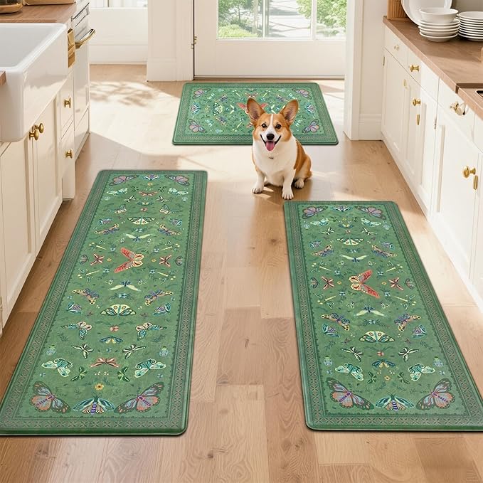 Yinhua Kitchen Rugs Sets of 3, Green Insect Kitchen Rugs Non Slip Washable, Farmhouse Anti Fatigue Mats for Kitchen Floor, PVC Waterproof Rug for Spring Summer, 18''x30''+18''x48''+18''x60''