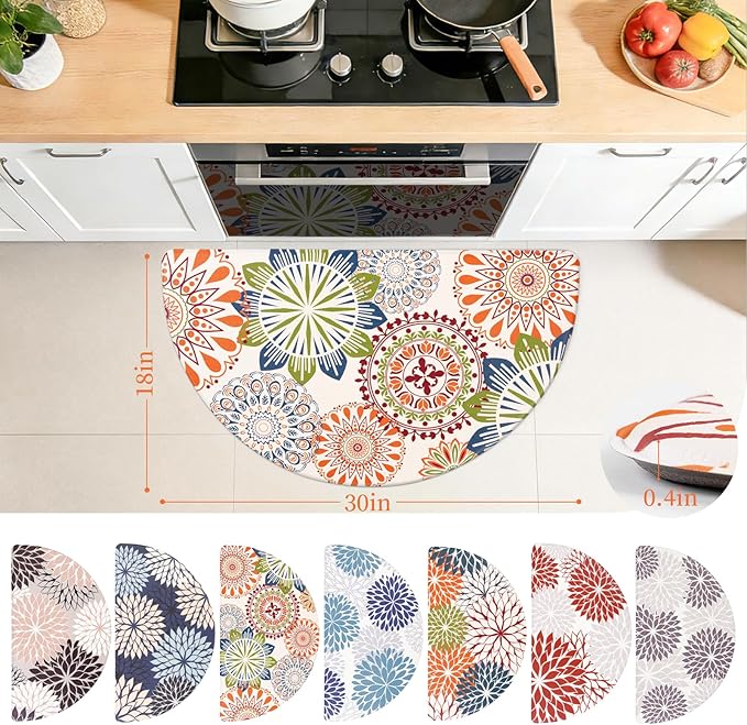 PVC Anti-Fatigue Kitchen Mats, Non-Slip Semi Circle Rug, Comfort Standing Runner Rug, Multipurpose Indoor Mats for Laundry, Office, Bedroom, Sink, Bathroom,Colorful Pattern,size18 x30