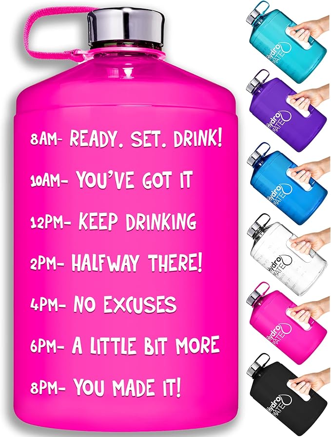 NatureWorks HydroMATE 1 Gallon Motivational Water Bottle with Times to Drink for the Day BPA Free Reusable Big Water Bottle with Handle 1 Gallon Water Bottles with Time Marker 128 oz