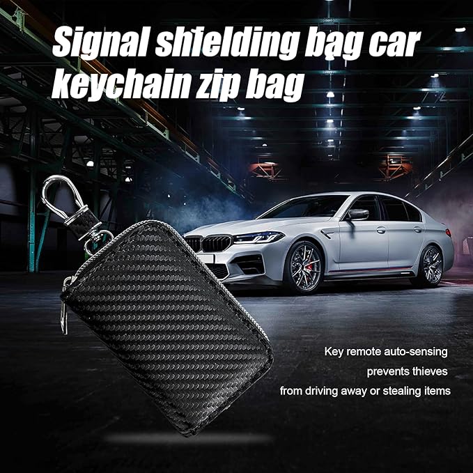 Faraday Key Fob Protector Box, Carbon Fiber Car Key Shielding Bag for RFID Signal Blockingr, Anti-Theft Auto Key Holder with Zipper, Universal Key Fob Protector for Men Women