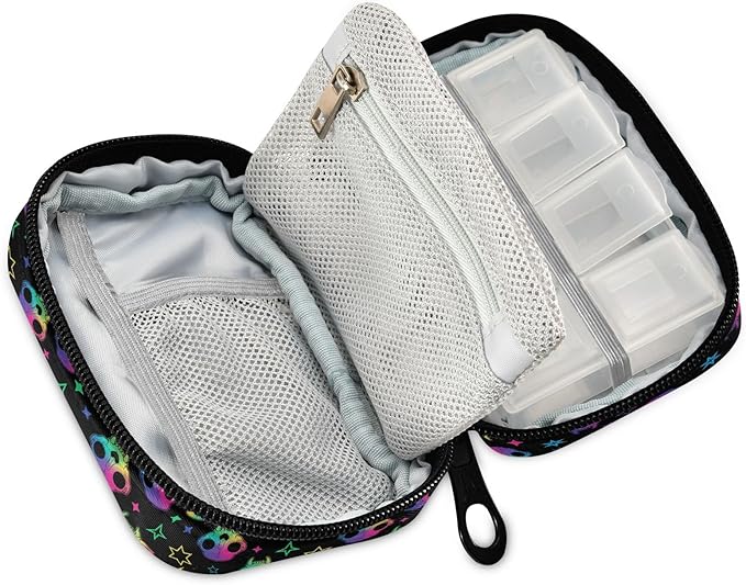 Travel Pill Organizer Bag Weekly Pill Organizer Case Goth Rainbow Style Skull Portable Small Daily Pill Boxes for Vitamin Fish Oils Supplement Holder with Zipper Compact Size