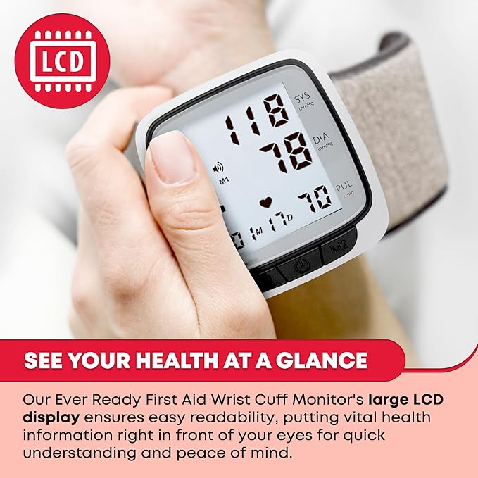 Ever Ready First Aid Fully Automatic Blood Pressure Wrist Cuff Watch Wearable Monitor for Home Use - Black- Batteries Included