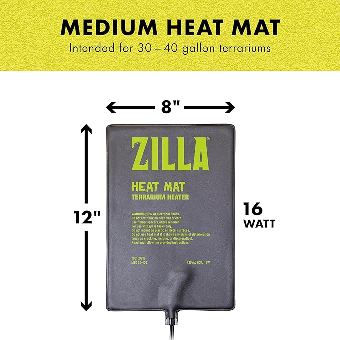 Zilla Heat Mat, Terrarium Heater for Reptiles, Snakes (Ball Pythons, Corn Snakes), Leopard Geckos, Tortoises, Amphibians and Arachnids, Medium, Fits 30-40 Gallon, 16 Watt