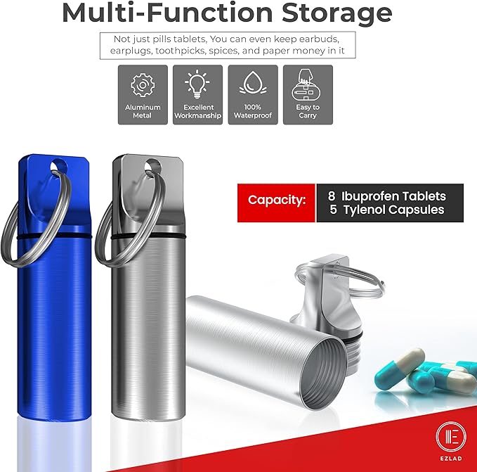 Keychain Pill Holder (5 Pack), Aluminum Waterproof Portable Small Travel Medicine Bottle Case Box Container for Purse, Mini Metal Capsule/Tablet Keeper Pocket Organizer for Men & Women