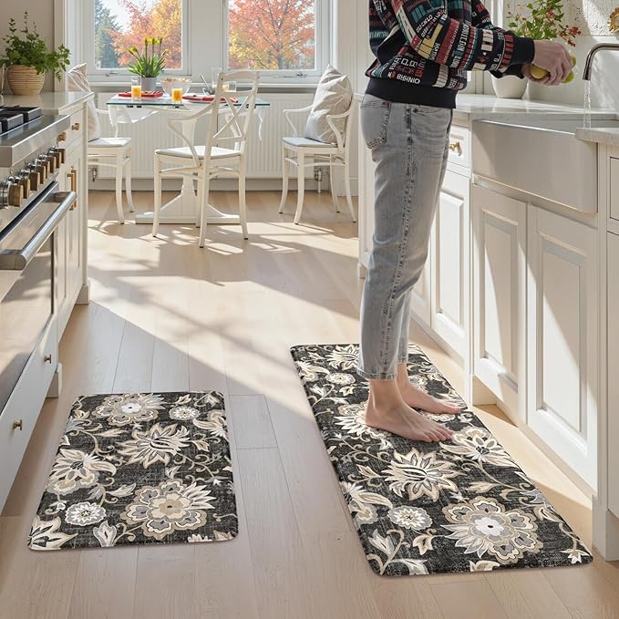LEEVAN Anti Fatigue Mats for Kitchen Floor 2 Piece,Cushioned Memory Foam Black Kitchen Mats for Floor,Comfort Floral Boho Non Slip Kitchen Floor Mat for Sink,Laundry,Office(20"x31"+20"x47")