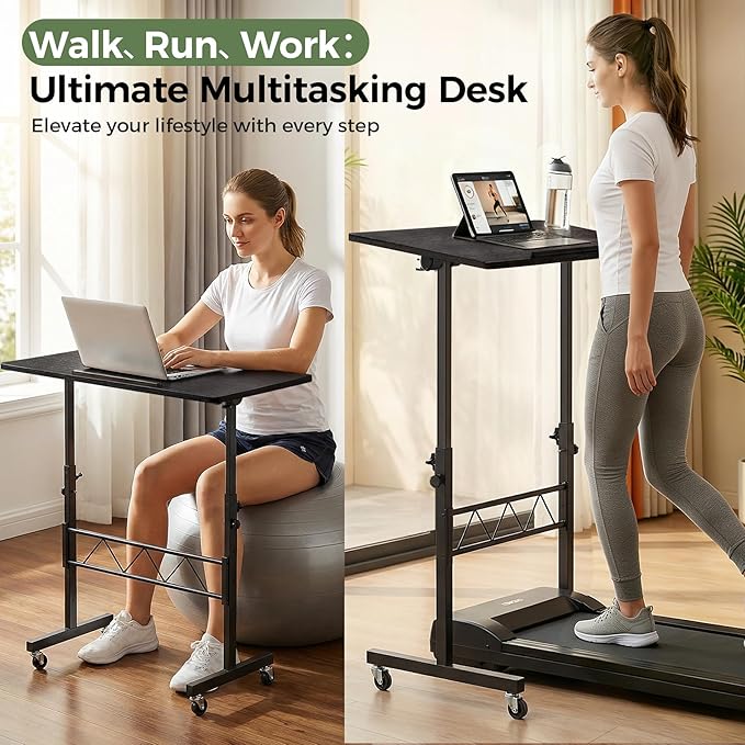 GTPLAYER Small Standing Desk Adjustable Height, 30.7"-46.4" Portable Computer Table Mobile Desk Workstation Stand Up Desk with Wheels Compact Rolling Table for Home Work Treadmill Walking Pad Black