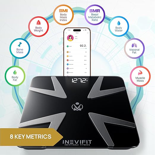 INEVIFIT SMART Body Fat Scale, Highly Accurate Bluetooth Digital Bathroom Body Composition Analyzer, Measures Weight, Body Fat, Water, Muscle, BMI, Visceral Fat & Bone Mass for Unlimited Users