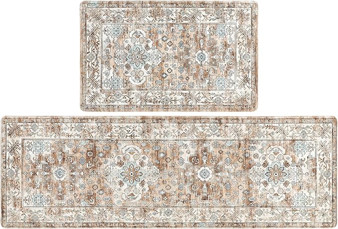 Pauwer Anti Fatigue Kitchen Mat Set - 2 Non Slip Mats, Cushioned Kitchen Rugs, Comfort Standing Mat, Farmhouse Waterproof PVC Foam Floor Mat Runner