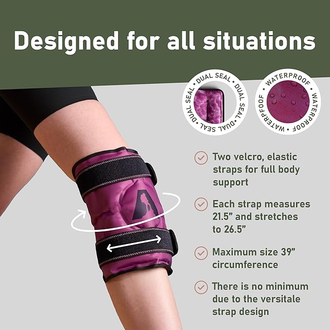 Hot and Cold Therapy Knee Wrap Gel Pack (10" x 12.5") Reusable Heating Pad & Flexible Freezer Pack for Leg Injuries and Knee Pain Relief - Purple