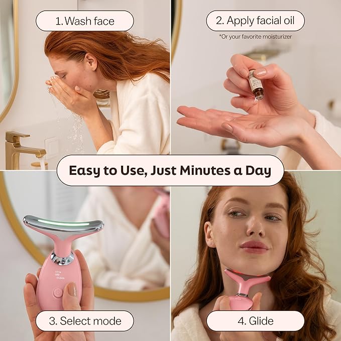 Red Light 7 in 1 LED Face and Neck Massager - Beauty Wand with Gentle Warmth & Vibration for a Relaxing Skincare Routine, Includes Face Oil & Type-C Charging