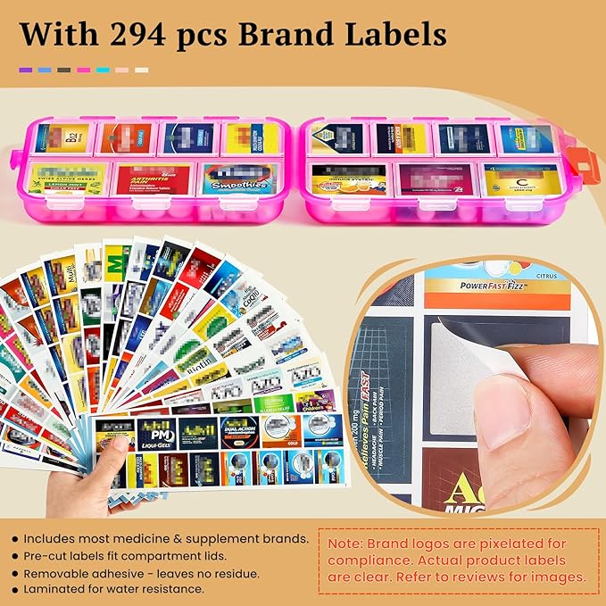 Travel Pill Organizer with Bulk Stickers & Labels - Small & Portable Daily Medicine Pharmacy for Pocket, Bag - 14-Compartment Foldable Supplement Box Holder for Fish Oil Vitamin - Clear Pink