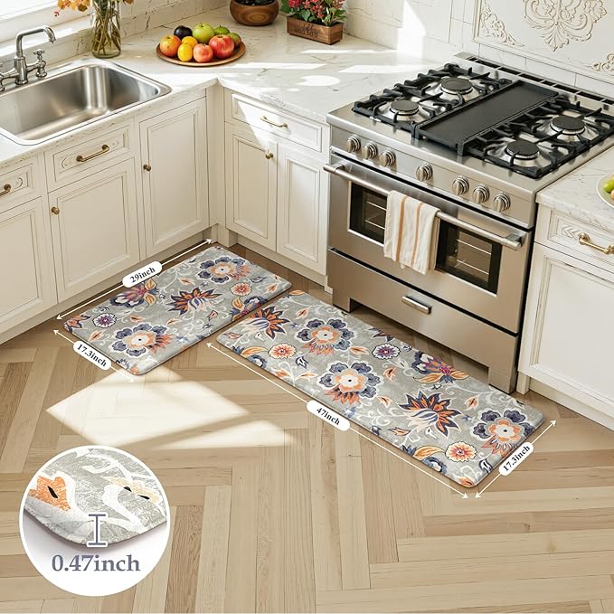 LEEVAN Anti Fatigue Mats for Kitchen Floor 2 Piece,Cushioned Memory Foam Blue Gray Kitchen Mats for Floor,Comfort Floral Boho Non Slip Kitchen Floor Mat for Sink,Laundry,Office(17''x29''+17''x47'')