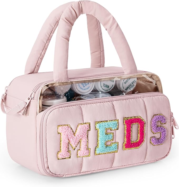 Fasrom Chenille Letter Medicine Bag, Preppy Patch Meds Bag for Travel, Pill Bottle Organizer with Puffy Handles, Portable Cosmetic Toiletry Storage Makeup Case for Women, Pink (Bag Only)