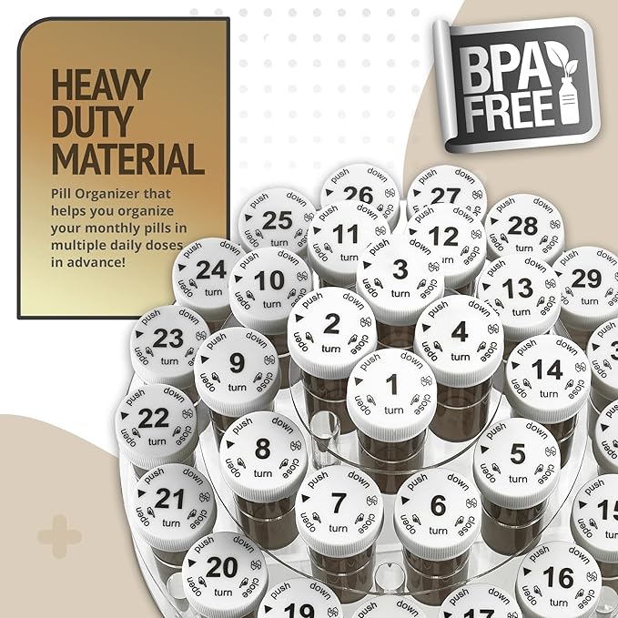 Monthly Pill Bottle Organizer Caddy - 31 Numbered Full-Size Pill Bottles w Child-Proof Lids for Each Day of The Month- Clear Rack and Easy to Use for Daily Dose of Medication Vitamins and Supplements